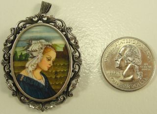 Antique Coin Silver Brooch Pendant Hand Painted Rendition Madonna