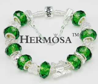  Gift Hermosa Forest Green Murano Bead Crystal Frog Silver Bracelet 8