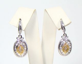 Authentic Gabriel Co Sterling Silver 18K Gold Diamond Oval Earrings