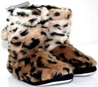 Ladies Tom Franks Dark Leopard Mix Plush Fleece Lined Bootie Slippers
