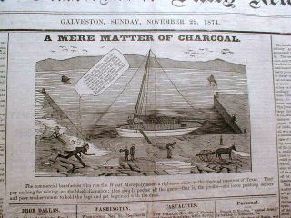 Original 1874 Galveston Daily News Newspaper Texas w Political Cartoon