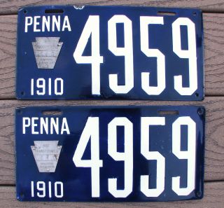 Vintage Dark Blue Porcelain 1910 PA Penn 4 Number LICENCE Plates w W