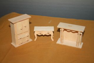 Lot of 3 doll house furniture unfinished fireplace & table & storage