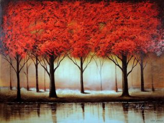 Abstract Red Tree Forest Lake Modern Wall Decor 36X48 Stretched Oil