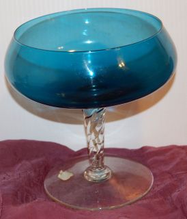 Cobalt Blue Hand Blown Bubble Glass Compote Bowl 7in high with 6in