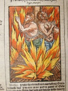 Foxes Martyrs 1570 H/Col Woodcut. Burning of William Wolsey & Robert