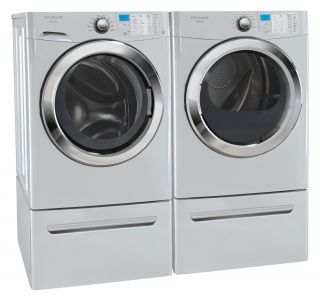  Silver Steam Washer and Gas Dryer Laundry Set with Pedestals