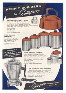 1955 Enterprise Aluminum Tea Kettle Canister Trade Ad