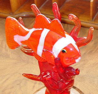 Signed Fulton Clownfish in Coral Art Glass Sculpture