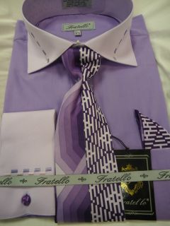 Mens Fratello Lilac Lavender French Cuff Dress Shirt Tie Hanky