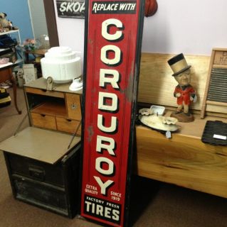 RARE Red Version Corduroy Tires Sign Embossed Tin on Wood