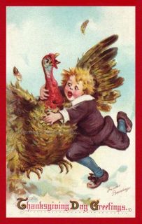 Brundage Thanksgiving Boy Catches Turkey REPRO GREETING CARD