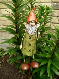 Three Metal Garden Gnomes on 24 in Lawn Ornament Yard Nome Elf Flower