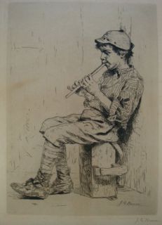 John George Brown 1831 1913 Boy with Flute Etching
