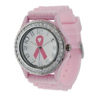   Geneva Pink Ribbon Breast Cancer Awareness Silicone Rhinestone Watch