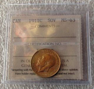1911 C Canada Gold Coin Sovereign George V MS 63 by ICCS Gem