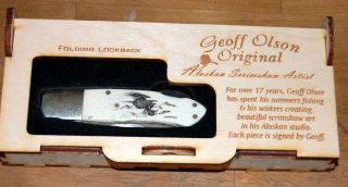 Geoff Olson Original Alaskan Scrimshaw Locking Folding Eagle Fishing