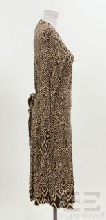 Diane Von Furstenberg Brown Tan Print Silk Long Sleeve Wrap Dress Size