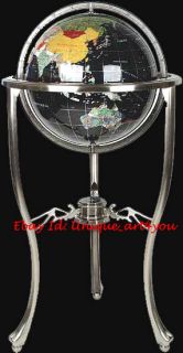 36 Tall Black Onyx Gemstone World Globe with Tripod Silver Stand w