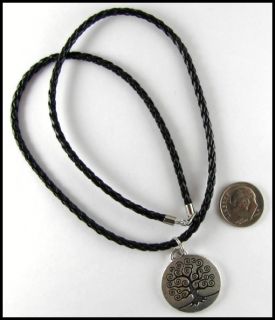 Braided Black Leather Tree of Life Pendant Necklace 18