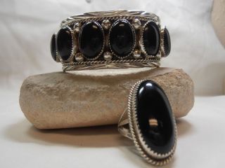 Navajo Sterling and Onyx Cuff Bracelet Signed Al and Marked Sterling