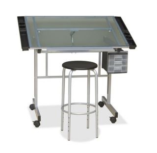  design glass top drafting table with drawers blue tempered glass