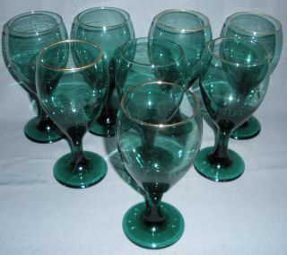 Green Glass Stem Water Goblets Wine Gold Libbey Vintage