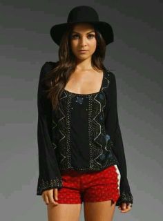  People Boho Indian Diary Beaded black top tunic bell sleeves Small 128