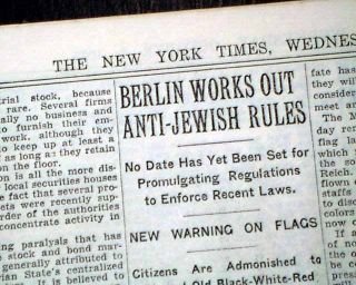 1935 Newspaper Nuremberg Laws Jewish Holocaust Swastika Flag Nazis