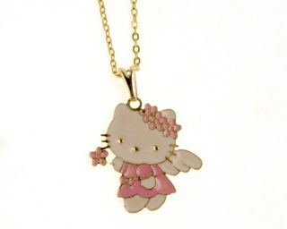 Gold 18k GF Angel Hello Kitty Pink Enamel Fairy Pendant Chain & Charm
