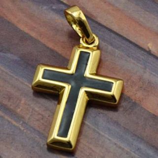Black Enamel 9K Gold Filled Cross Pendant New