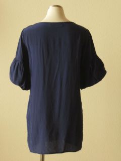 Geren Ford  Navy Blue Silk V Neck Bell Sleeve Trapeze Tunic Top