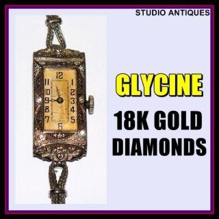 Glycine 18K Gold Vintage Watch Art Nouveau Diamonds 17J