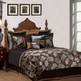 PC Queen CALKING Brown Gold and Blue Floral Comforter Set