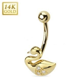 14k Solid Gold Belly Button Navel Ring Body Piercing Jewelry Swan with
