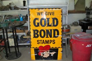 Original Vintage Gold Bond Stamp Sign Approx 3x48
