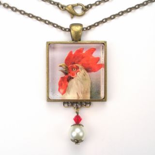  Chicken Art Glass Pendant Necklace Vintage Charm Jewelry