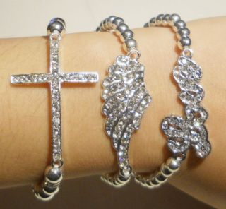 ARM CANDY SET Silver Colored Love Angel Wing Cross Sideways Stretch