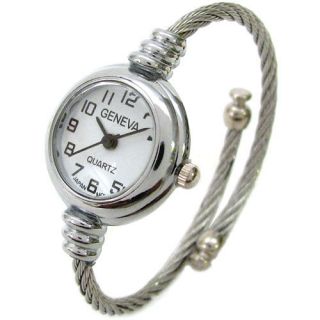 SILVER Metal Cable Band Geneva Ladies Petite Bangle Cuff WATCH