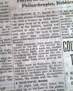 Kodak Camera George Eastman Suicide 1932 Old Newspaper