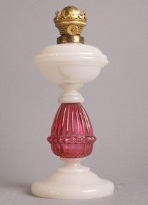 EX RARE White and Granberry Red Opaline Glass Oil Kerosene Lamp