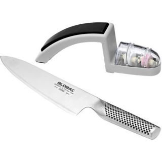 Global 2PCE Starter Set 20cm Cooks Knife Minosharp 2 Stage Sharpener