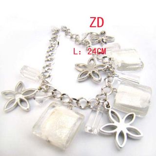 A0232 White Lampwork Glass Crystal Bead Flower Bracelet