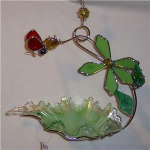 Green Glass Bird Feeder with Multicolored Bee