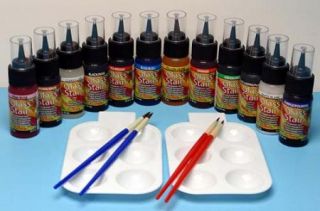Glass Stain Paint Kit 1 oz Jars Transparent Color 12 Stains 4 Brushes