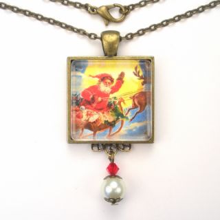  Claus Sleigh Art Glass Pendant Necklace Vintage Charm Jewelry