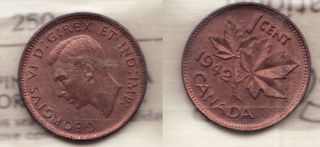 1942 George VI ~ Canadian Penny ~ Red ~ Mint State ++++