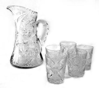 Cut Glass Lead Crystal Pitcher w/ 5 Water Glasses Tumblers 10.5