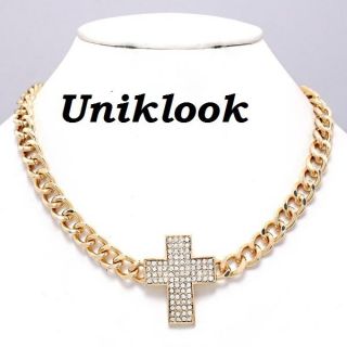  Clear Crystal Cross Pendant Bold Gold Chain Design Jewelry 18 Necklace