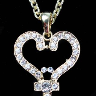 Gold White Rhinestone Jewel Love Key to My Heart Pendant Necklace